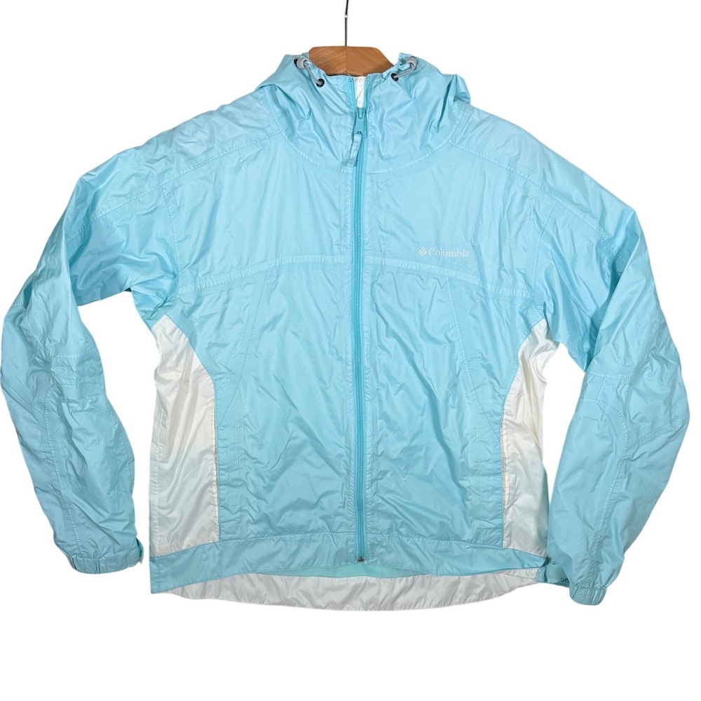 Columbia Hooded Jacket Womens L Blue White Windbreaker RL2119 Spring‎ Hiking